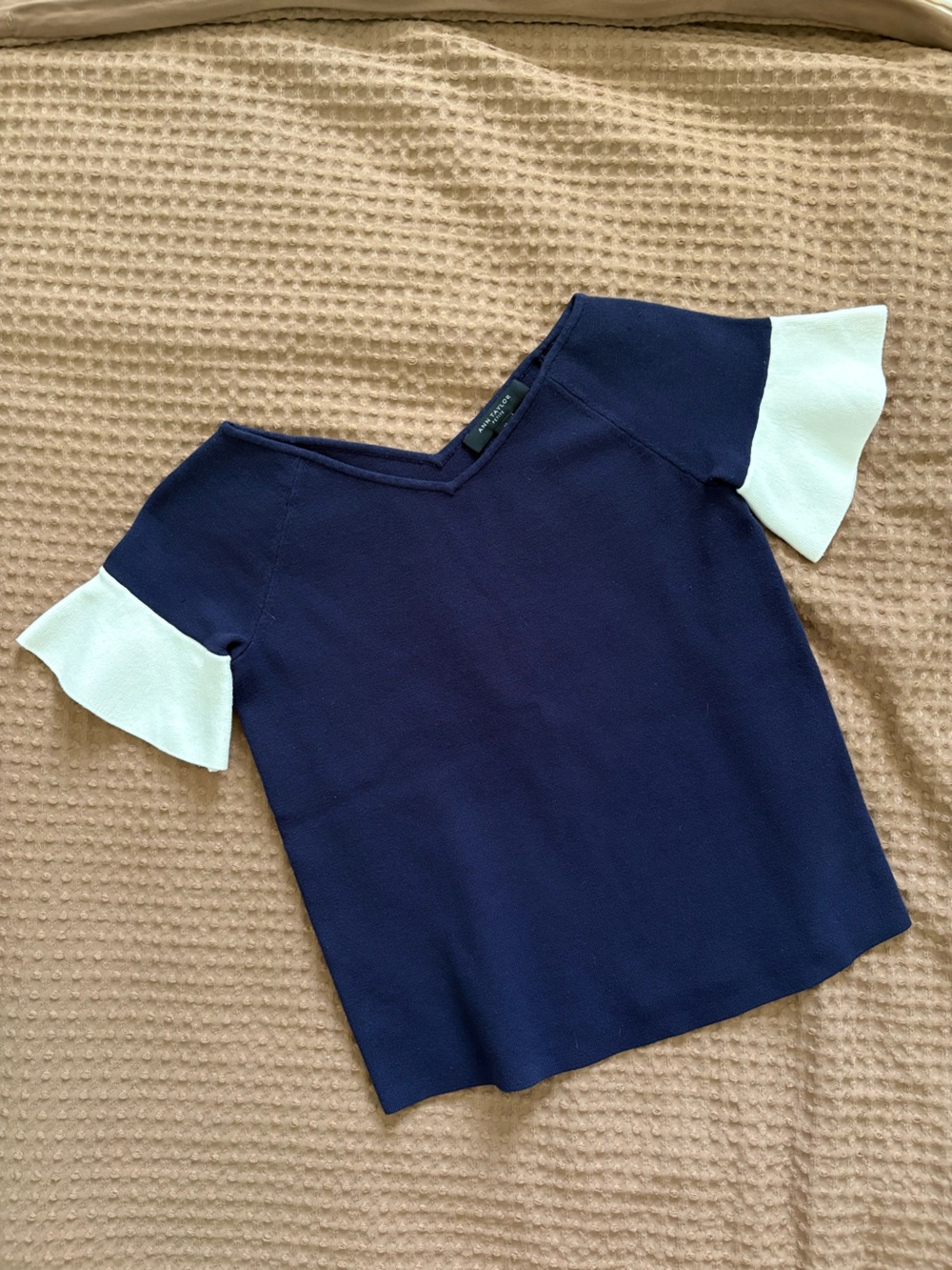 Ann Taylor Navy Top with White Ruffle Sleeves